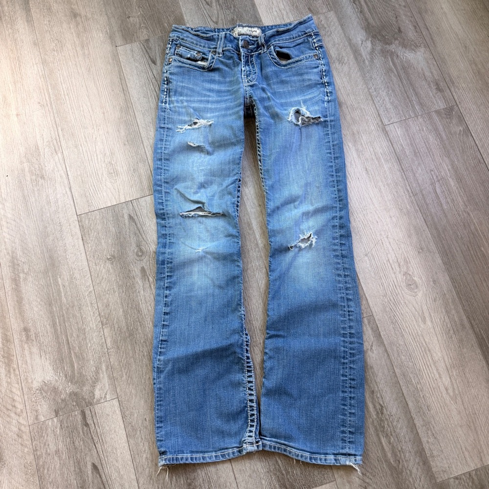 BKE Culture Distressed Bootcut Jeans 28R Y2K Ripped Flare Contrast Stitch
